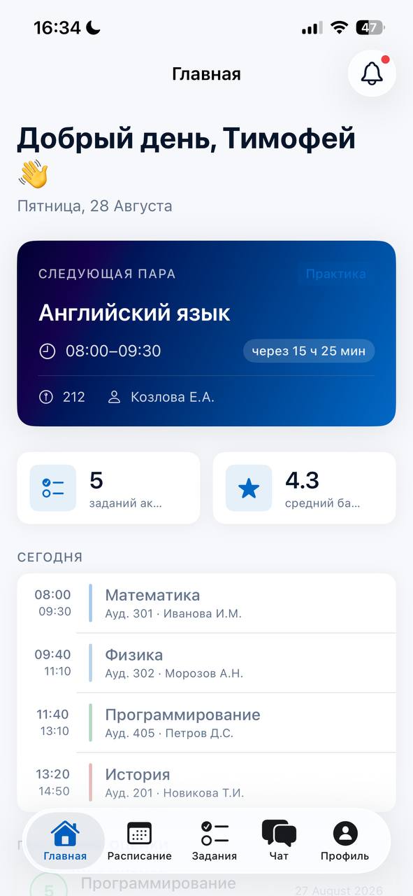 Профика — главный экран: расписание на сегодня и статистика