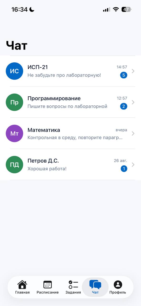 Профика — чаты групп и преподавателей